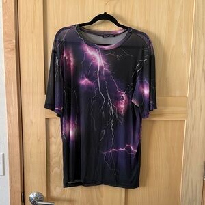 Rock Rose Couture Women's Oversized Black Mesh Tee with Purple Lightning Print
